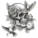 skull with rose in its mouth next to dove and clock   tattoo design idea