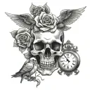 skull with rose in its mouth next to dove and clock   tattoo design idea