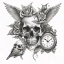 skull with rose in its mouth next to dove and clock   tattoo design idea