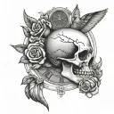 skull with rose in its mouth next to dove and clock   tattoo design idea