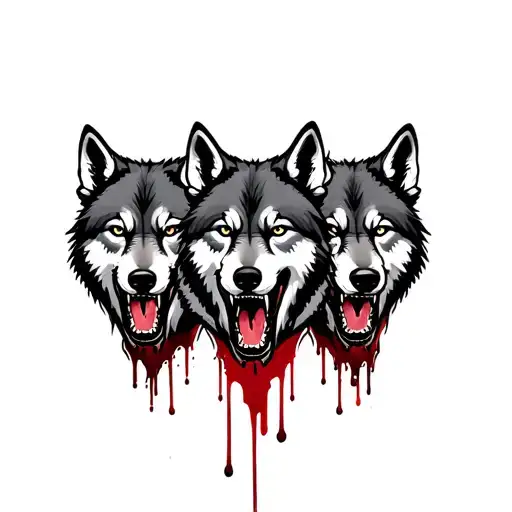 Three aggressive wolves with a bloody grin surrounded tattoo design idea