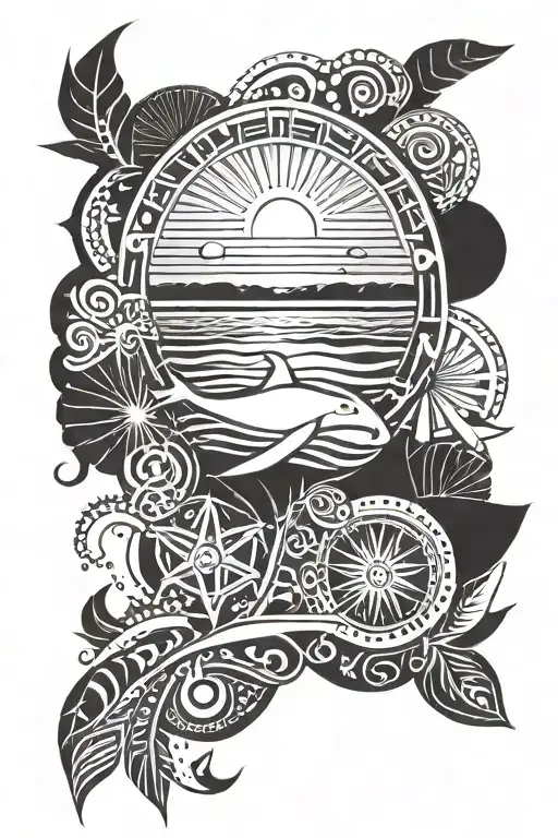 beach theme leg sleeve tattoo design idea