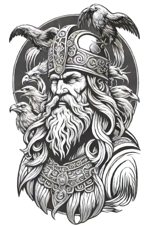 powerful god odin, with horned helmet, his 2 ravens, beard and long hair, viking tattoo design idea