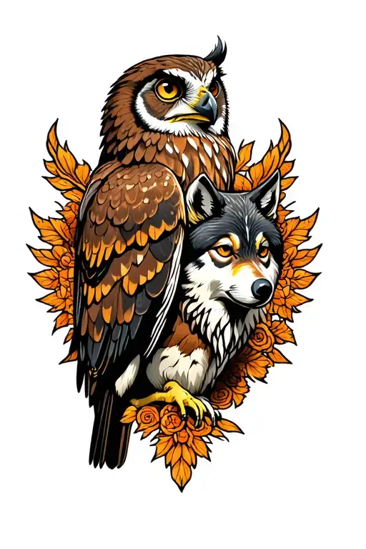 owl with hawk and wolf surrounded tattoo design idea