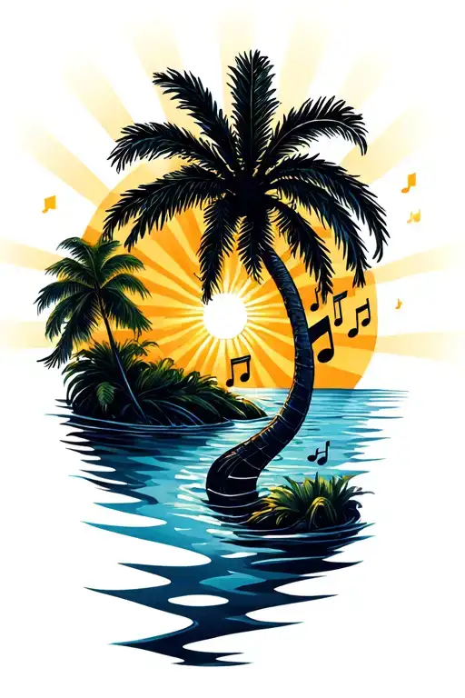 Palm tree sunbeams water music notes intertwined  tattoo design idea