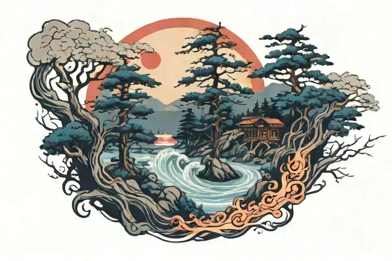 Japanese forest river covered in amaterasu flames on the night of the Sharingan moon tattoo design idea