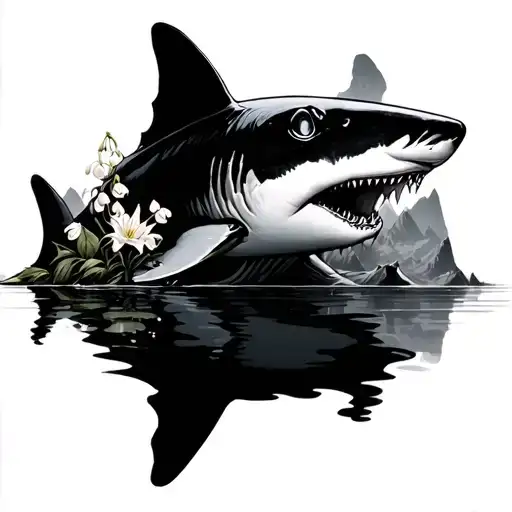 615 940, shark, lily of the valley, mountains across tattoo design idea