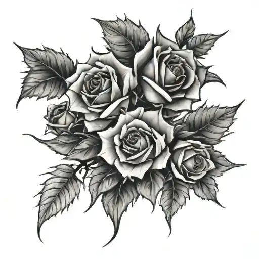 a liana with thorns as big as an arm with leaves and unblown rosebuds tattoo design idea