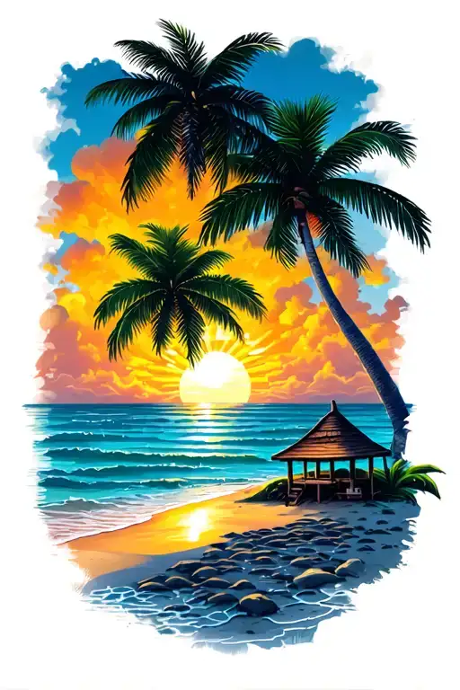 sunset with palm tree silhouettes, sun rays shining through light clouds, tropical island hut on a beach tattoo design idea