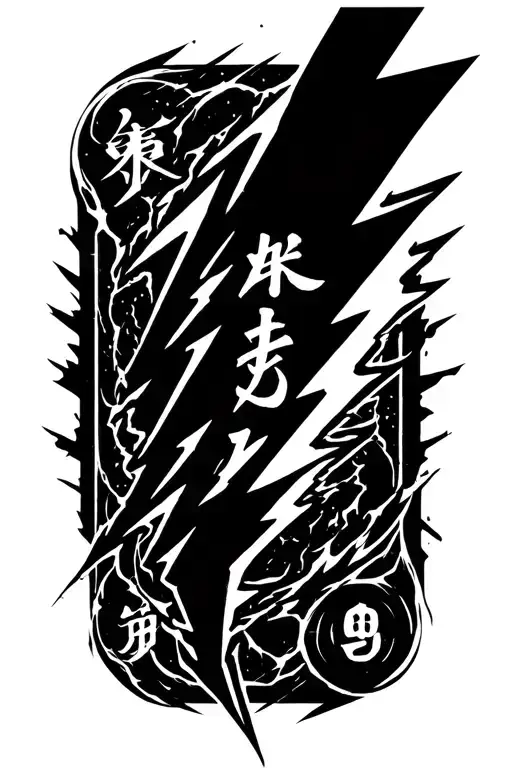 lightning bolt with kanji symbols for scar, energy, intuition and awakening tattoo design idea