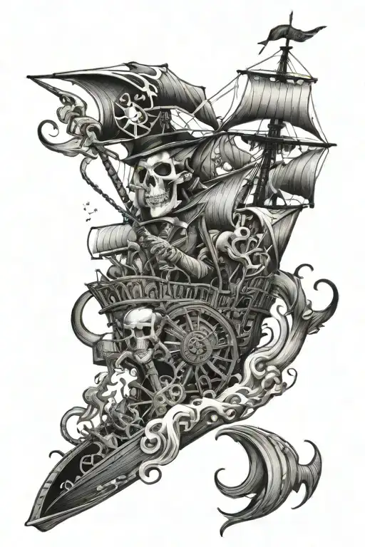 half sleeve features skeletons, a pirate ship, and an octopus during a storm at sea tattoo design idea