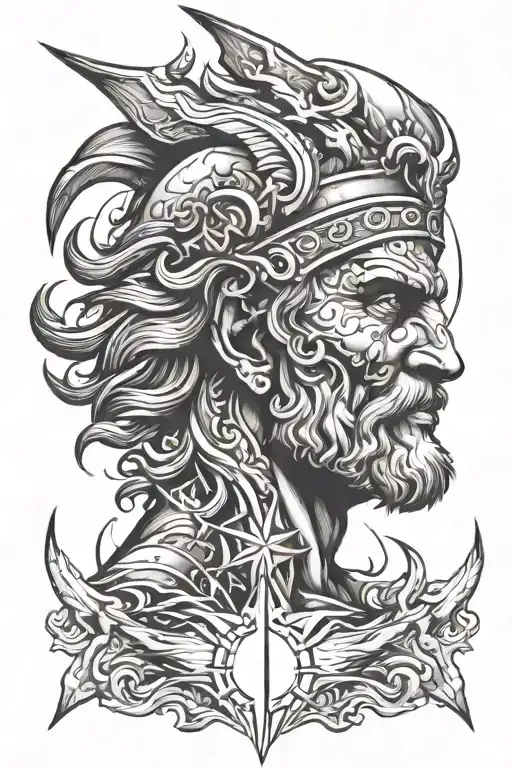 poseidon head, lightning bolts striking, ship, heavy waves, trident or compass tattoo design idea