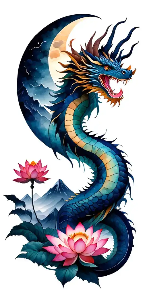 Minimalist dragon in the middle of mountains, with a moon on top, lotus flower, make it look modern elegant tattoo design idea
