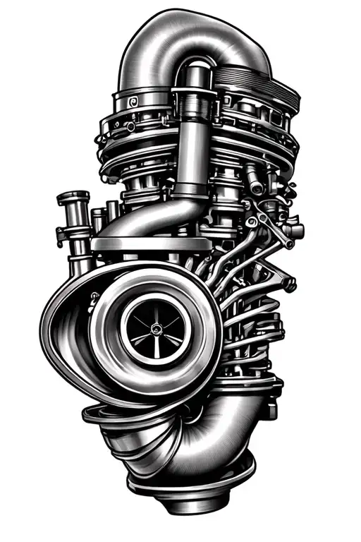 large turbocharger surrounded by pistons tattoo design idea