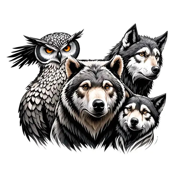 Animal total, with Owl on top, Bear in middle, wolf on bottom tattoo design idea