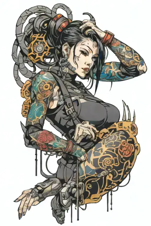 cyberpunk cyborg woman posing tattoo design idea