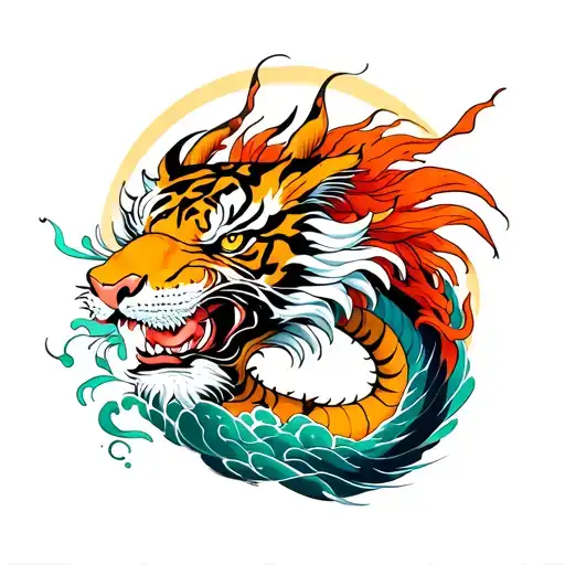Dragon, Phoenix, Tiger, they, samurai y wave tattoo design idea