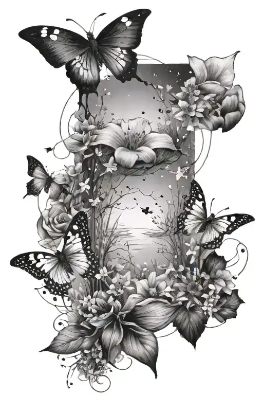 a minimalist greyscale tattoo design featuring a serene river, delicate small butterflies and a constellation tattoo design idea