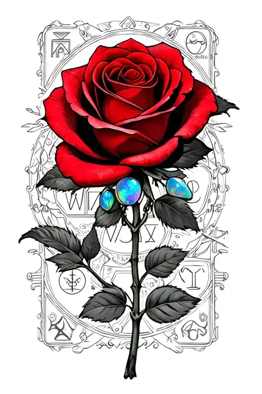 red rose stem with a chain of opals with the zodiac signs for libra, gemini, virgo, and scorpio  tattoo design idea