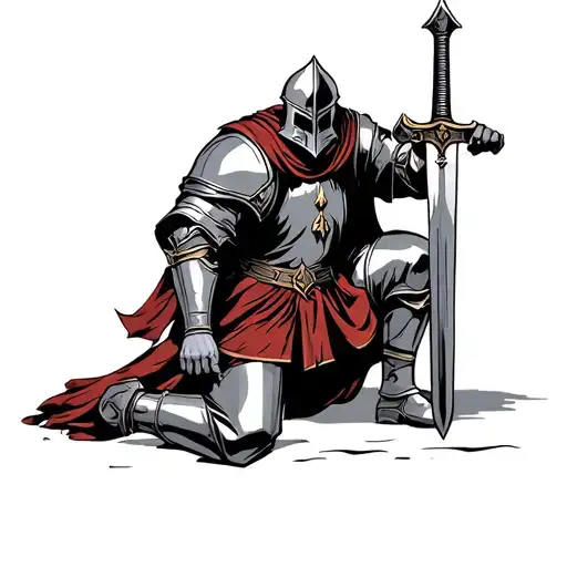 crusader knight kneeling down with a sword tattoo design idea