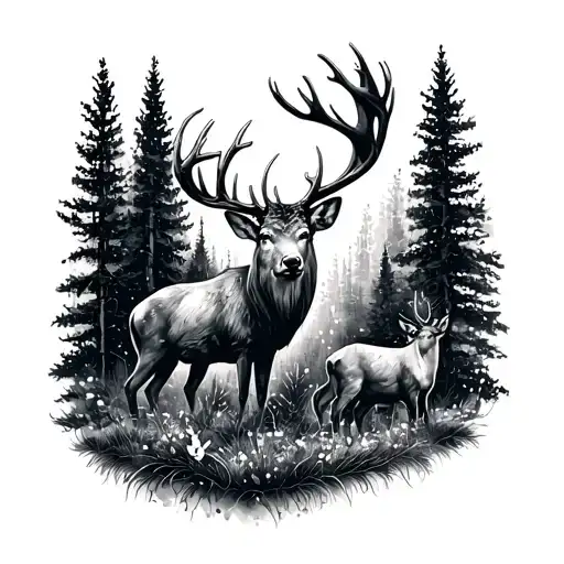 A nature-inspired sleeve tattoo featuring a mix of deer, elk, and welding motifs in a dotwork style tattoo design idea