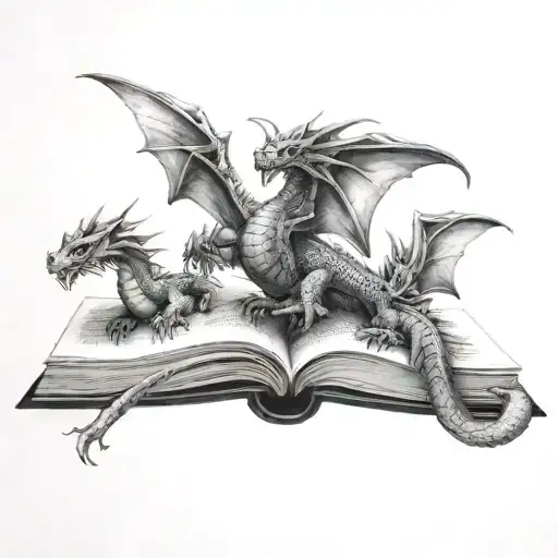 3 dragons flying out of a book tattoo design idea