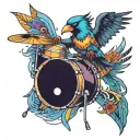 A colorful tattoo of a bird playing the drums in different countries around the world tattoo design idea