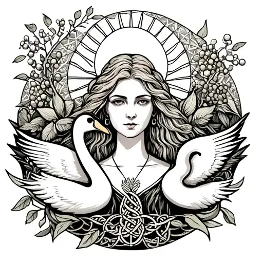 fair haired Celtic Goddess, Aine. surrounded by Swans, rowan berries and the sun tattoo design idea