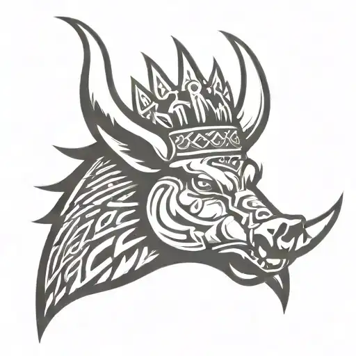 boar head wearing a crown with wings and sword and a celtic trinity knot background tattoo design idea