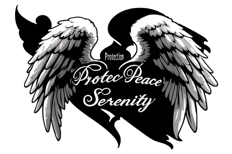 angel wings with the words Protection, Peace, Serenity. underneath the wings  tattoo design idea