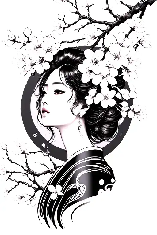 japanese Woman Dark sorrounded by cherry blossom Dark background darker tattoo design idea