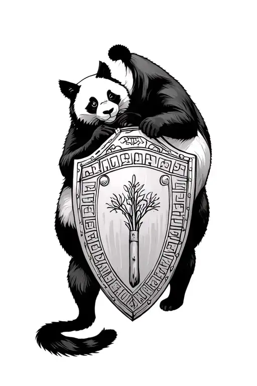 a cat and a panda checking each other out on a roman shield tattoo design idea