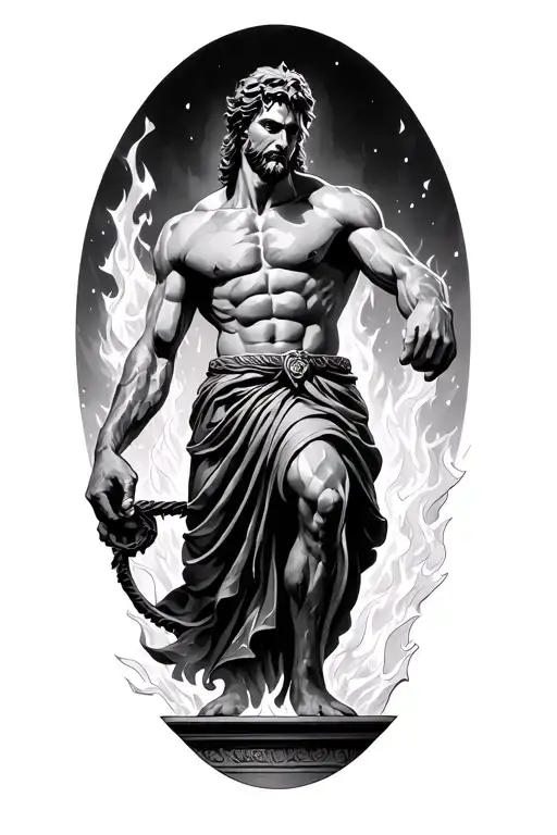 samson pulling the pillars, fire and ice, balance scale tattoo design idea