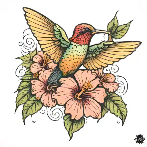 hibiscus flower humming bird tattoo design idea