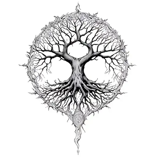 1. Central Element: YGGDRASIL (The World Tree)Position: Centered on the round of the shoulder 9 branches 3 roots tattoo design idea