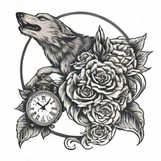 rose, clock, wolf howling at the moon tattoo design idea