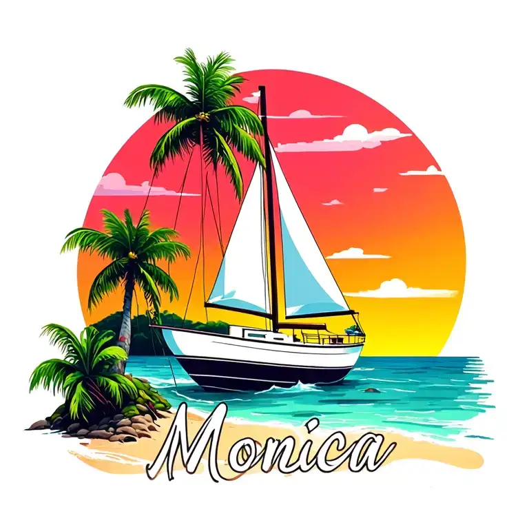 "Monica"  "Monica" foreground white sailboat, sunrise sky small background distant island 2 palm tree  ocean vibrant beach tattoo design idea