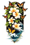 butterflies around a Frangipani tree with waves crashing tattoo design idea