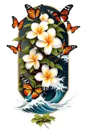 butterflies around a Frangipani tree with waves crashing tattoo design idea