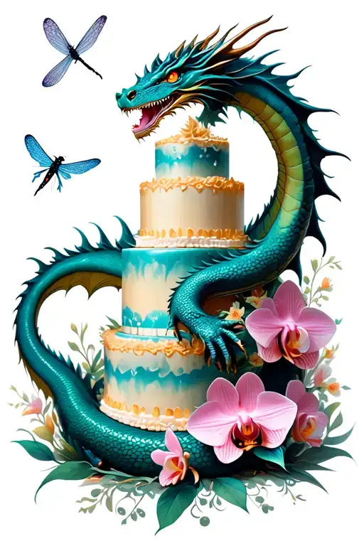 A dragon wrapped around a towering cake, with orchids and dragonflies flying around it tattoo design idea