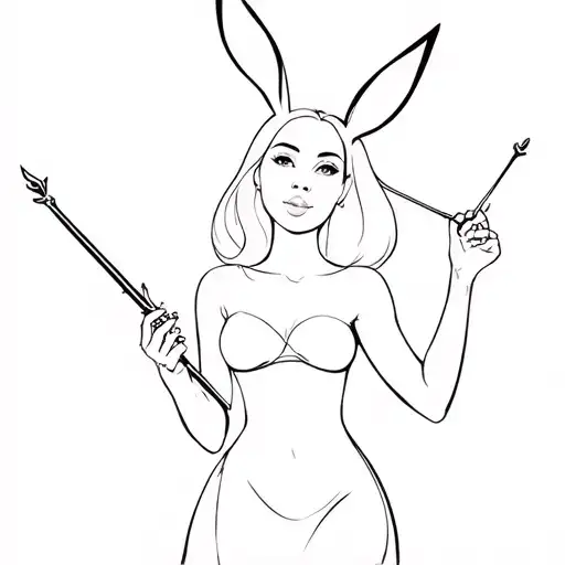 A fine line, outline of a woman holding a magician wand in one hand and playboy rabbit ears in the other tattoo design idea
