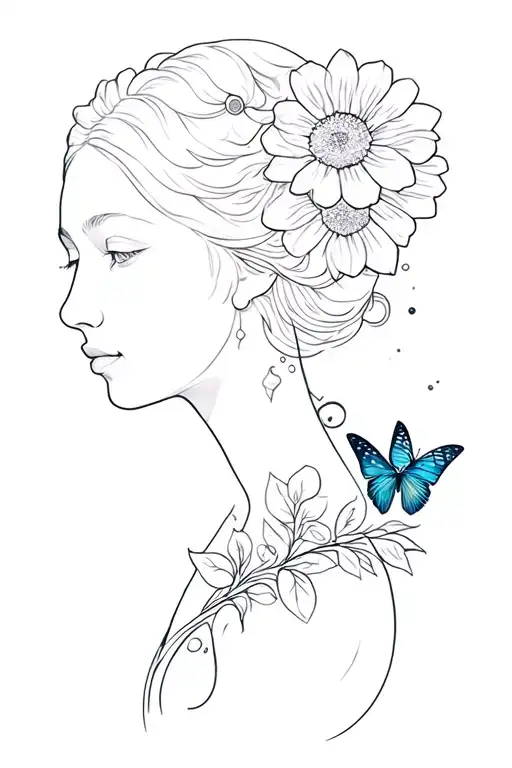 cameo, woman, galaxy and universe, flower, butterfly tattoo design idea
