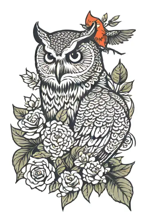 owl and bear with a cardinal among floral patterns tattoo design idea