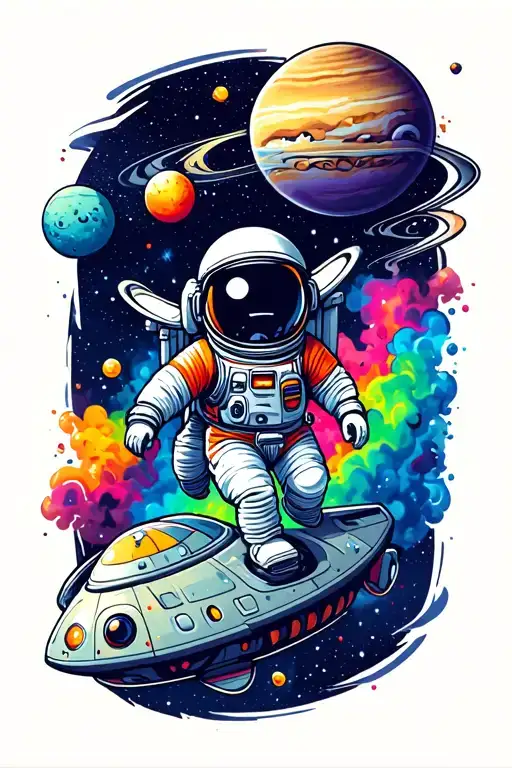 Outer Space with astronaut floating in colorful dust with galaxies. planets, astroids and a cute little Alien spaceship tattoo design idea