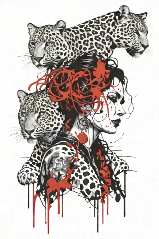 a gothic woman with 2 falling locks and a wild leopard tattoo design idea