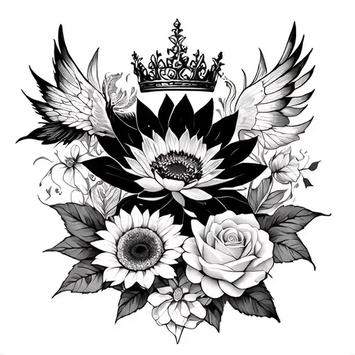 feminie fine line Lotus, Crown, Phoenix, Fairy, Roses, Sunflowers, Lilies, Hydrangeas half sleeve tattoo design idea