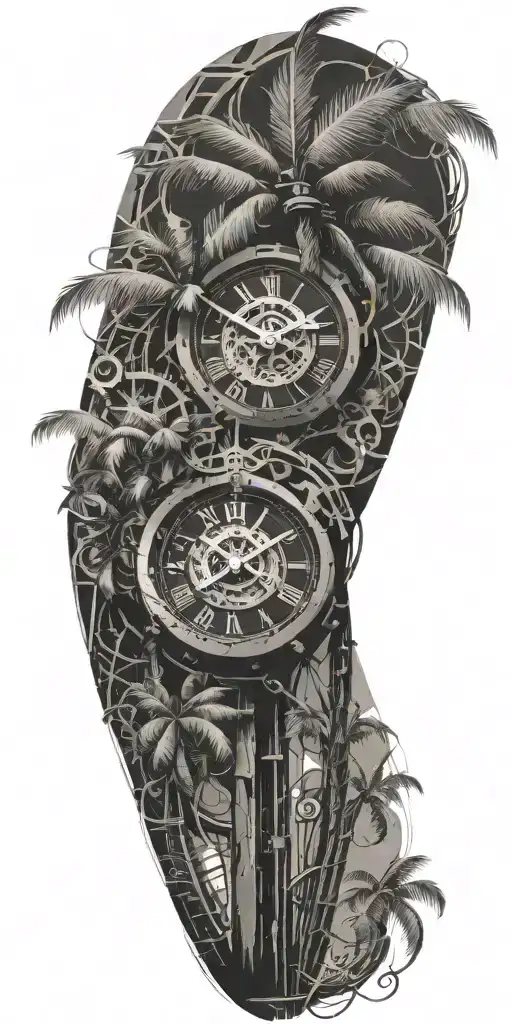 clock mechanism intertwined, September 8 2024, palm tree tattoo design idea