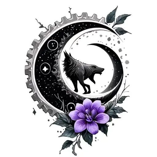 waxing crescent moon, gears, violet flower, howling wolf tattoo design idea