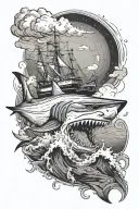 a ship is moving in a storm. below a shark is jumping on a ship with its mouth open. in the background there are mountains in the fog, clouds above tattoo design idea