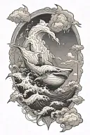 a ship is moving in a storm. below a shark is jumping on a ship with its mouth open. in the background there are mountains in the fog, clouds above tattoo design idea